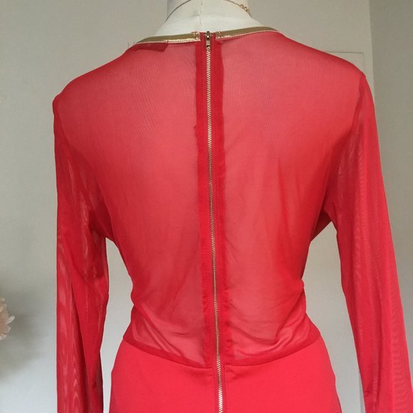 CBR Pencil Short Dress Mesh Long Sleeve Gold Trim V-Neck Bodycon Party Red XL - Picture 10 of 10